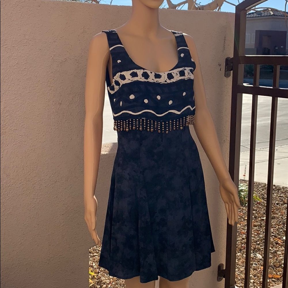 Just Choon Size 5 Navy Cream Beads Vintage Mini Zipped Dress Juniors Made In USA